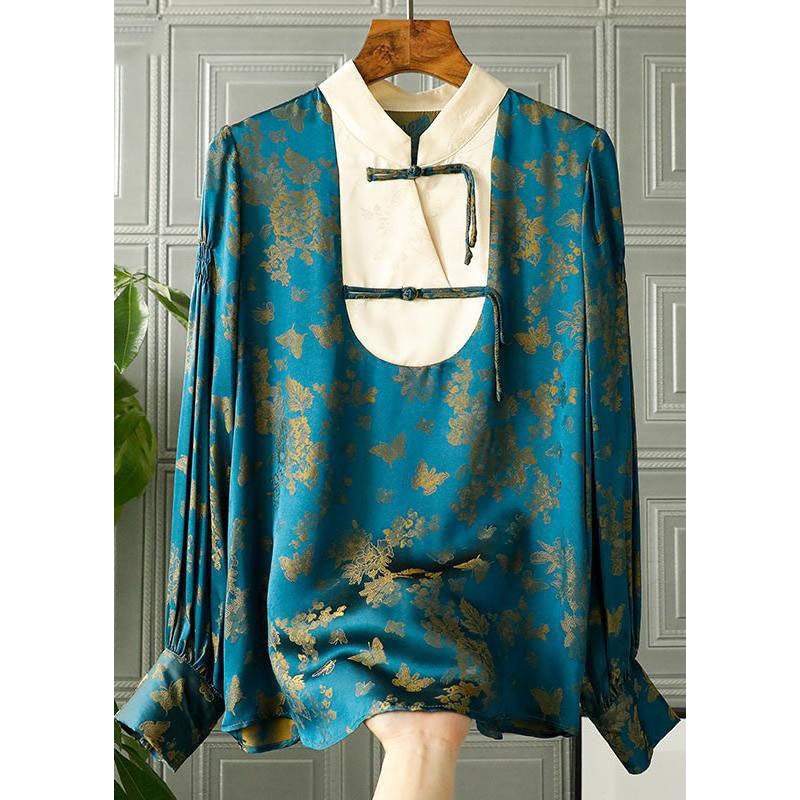 Vintage Blue Stand Collar Patchwork Jacquard Silk Shirt Top Fall