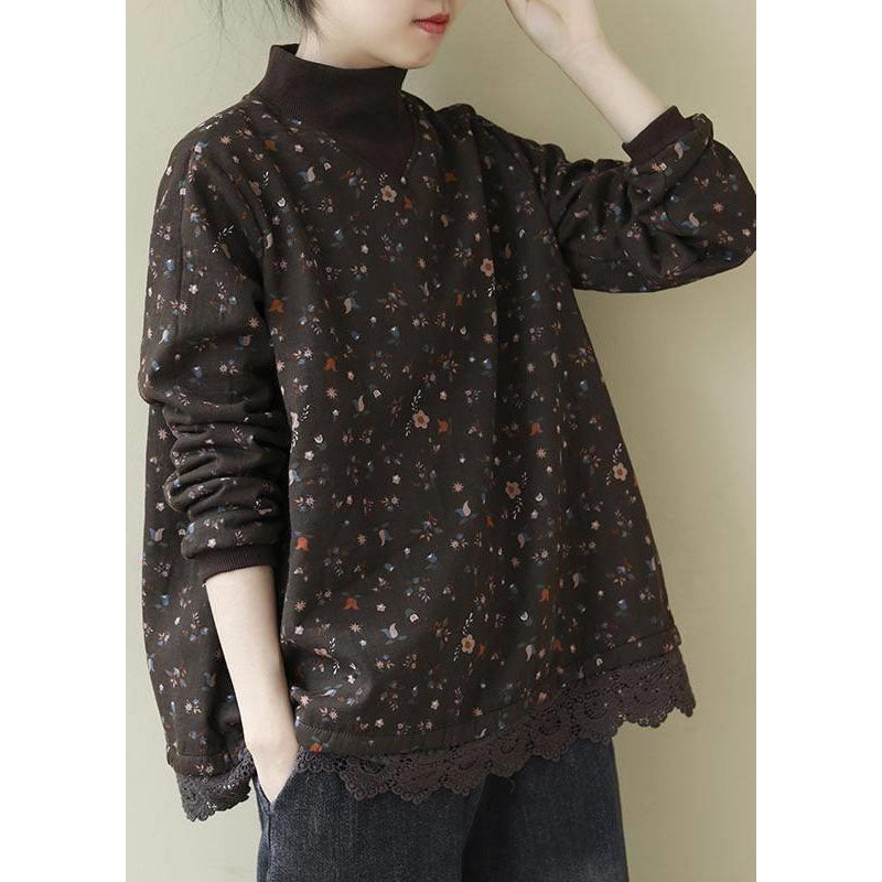 Vintage Coffee Turtleneck Print Lace Patchwork Fleece Sweatshirts Long Sleeve