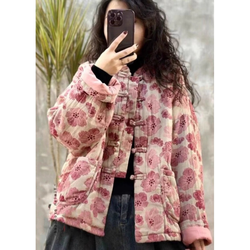 Vintage Pink Oversized Print Fine Cotton Filled Parkaer Winter