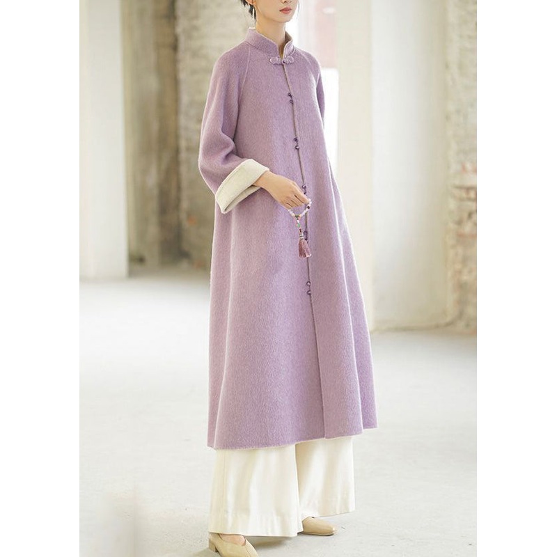 Vintage Purple Stand Collar Pockets Button Woolen Coats Winter