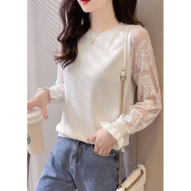 White O-Neck Hollow Out Tops Long Sleeve