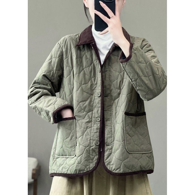 Women Army Green Peter Pan Collar Pockets Fine Cotton Filled Jackets Winter