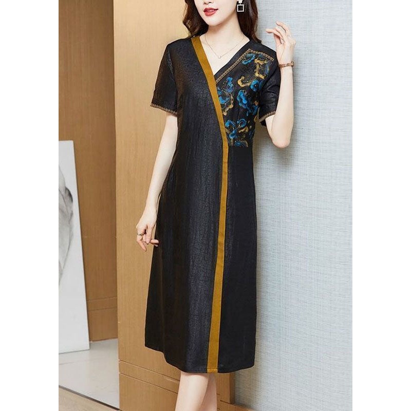 Women Black Embroideried Patchwork Silk Holiday Dress Summer