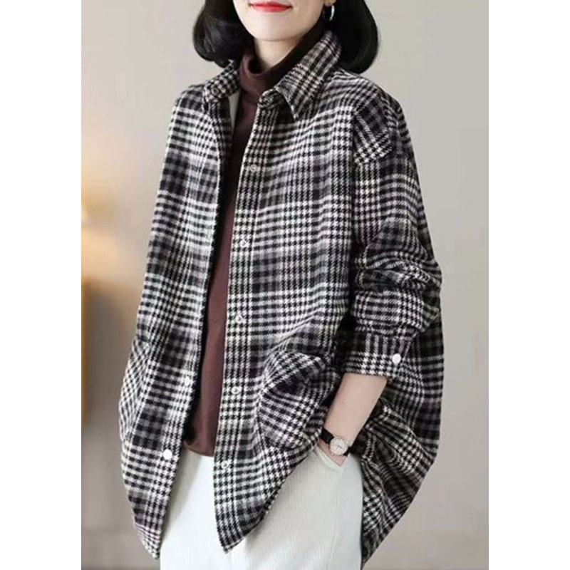 Women Black Peter Pan Collar Plaid Pockets Patchwork Warm Fleece Thick Shirts Winter