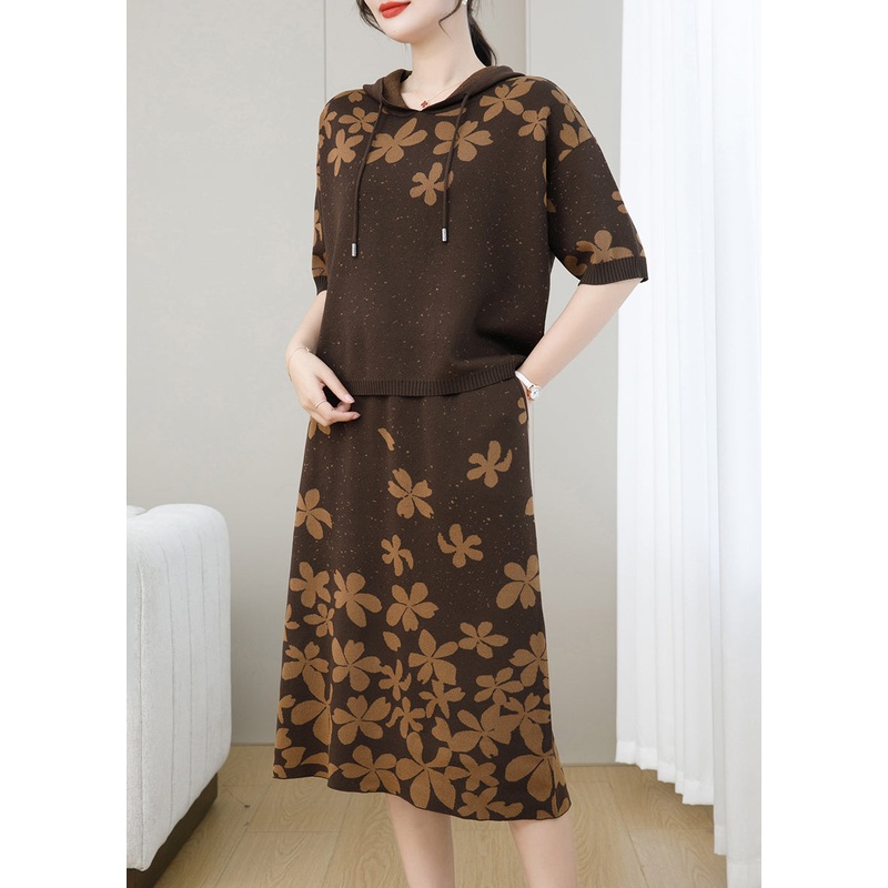 Women Coffee Jacquard Hooded Patchwork Knit Two Pieces Set Fall
