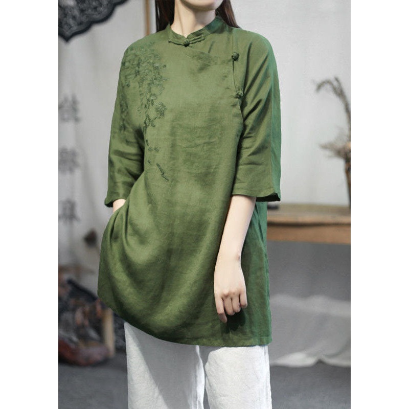 Women Green Stand Collar Embroideried Linen Tops Half Sleeve