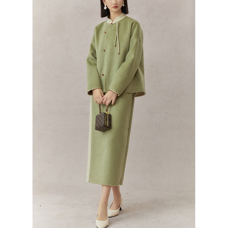 Women Green Stand Collar Tasseled Patchwork Woolen Two Pieces Set Fall