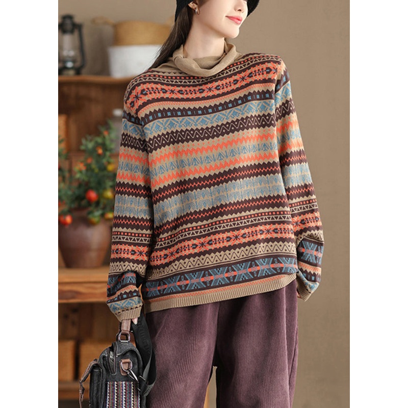 Women Khaki Turtle Neck Print Knit Sweaters Winter