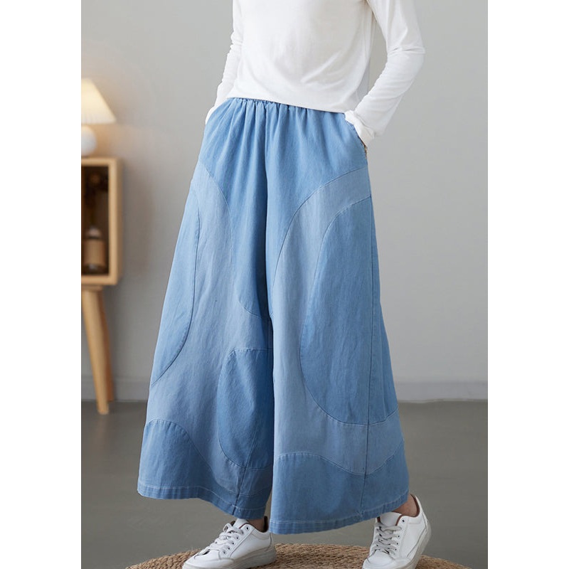 Women Light Blue Pockets Elastic Waist Denim Wide Leg Pants Fall