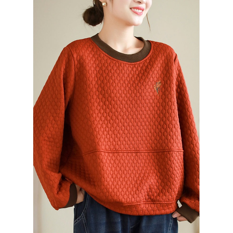 Women Orange O Neck Embroideried Patchwork Thick Cotton Tops Fall