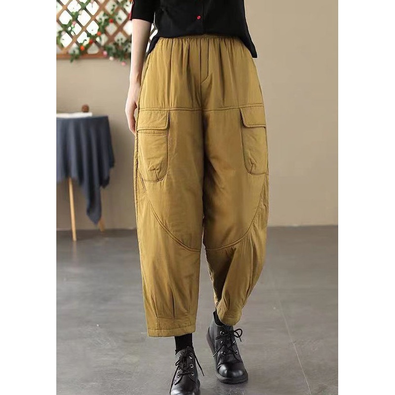 Yellow Patchwork Fine Cotton Filled Harem Pants Elastic Waist Winter