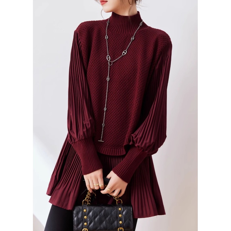 2023 New Wine Red Half High Neck Knitted Spliced Fake Two Piece Sweater Winter