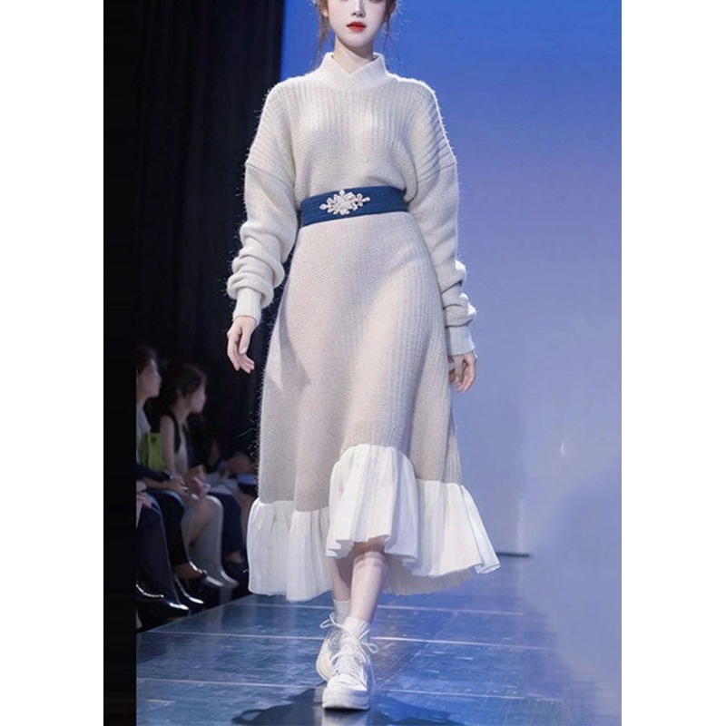 Art Beige Turtleneck Patchwork Cotton Knit Sweater Dress Long Sleeve