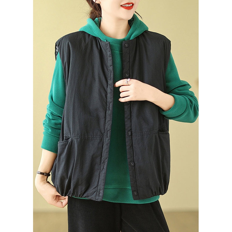 Art Black Oversized Pockets Fine Cotton Filled Vests Winter
