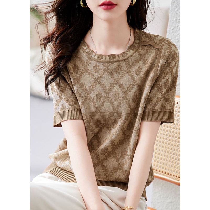 Art Khaki O-Neck Print Knit Top Short Sleeve