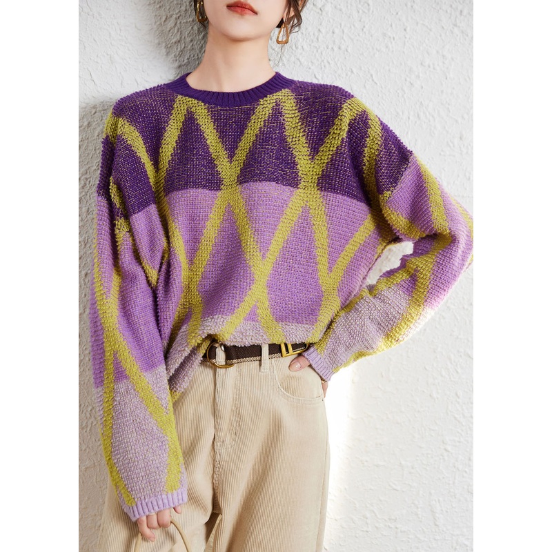 Art Purple O-Neck Plaid Patchwork Wool Knit Sweaters Long Sleeve