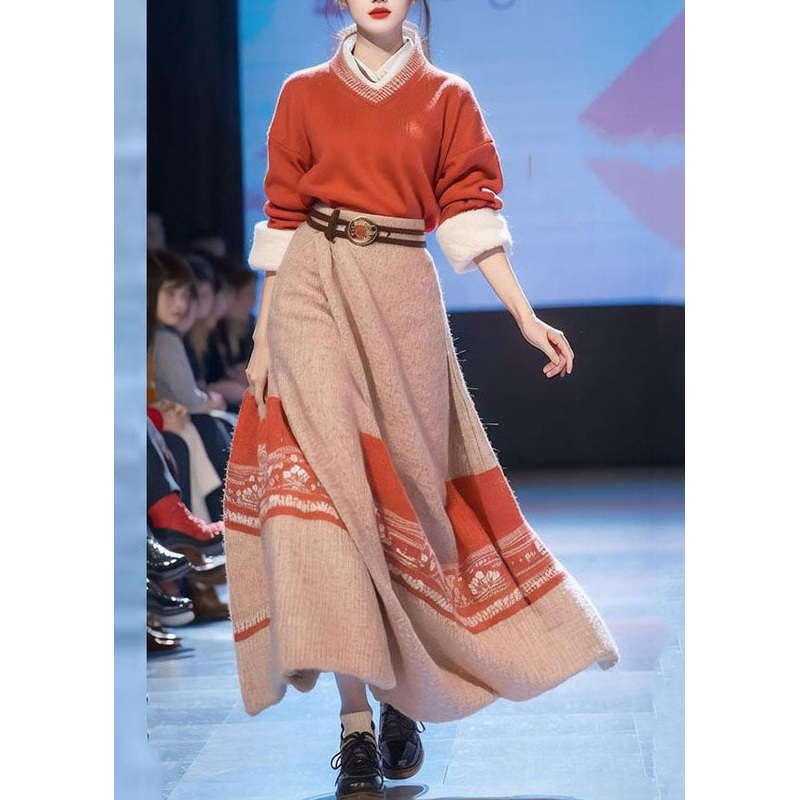 Art Red V Neck Print Cotton Knit Sweaters And Maxi Skirts Two Pieces Set Fall