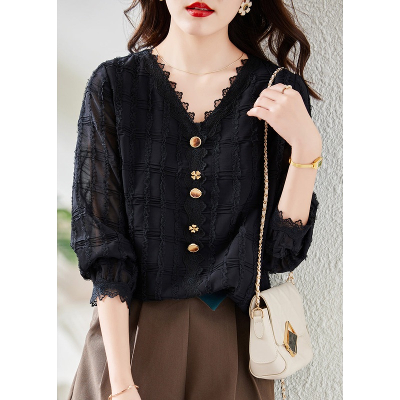 Beautiful Black V Neck Lace Patchwork Chiffon Shirt Top Fall