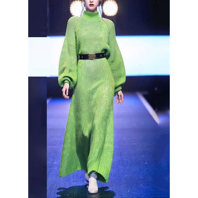 Beautiful Green Turtleneck Sashes Solid Cotton Knit Knit Sweater Dress Winter