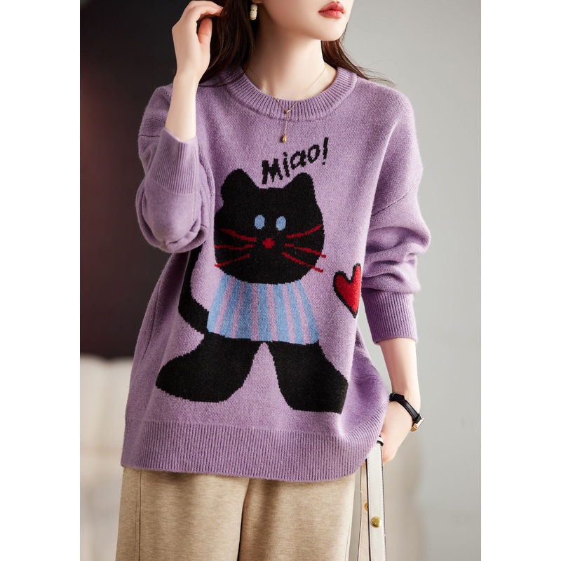 Beautiful Purple O-Neck Animal Print Thick Cotton Knit Sweater Long Sleeve
