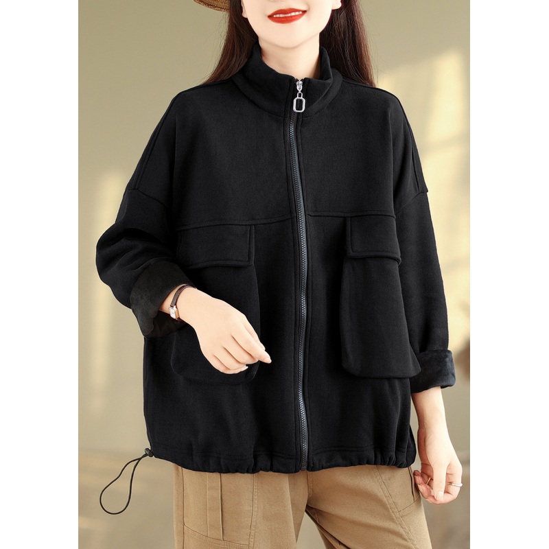 Black Pockets Patchwork Plus Size Warm Fleece Coat Zip Up Fall