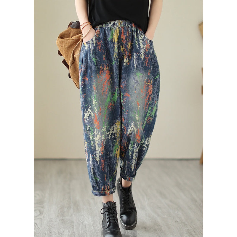 Blue Paintings Denim Harem Pants Oversized Spring