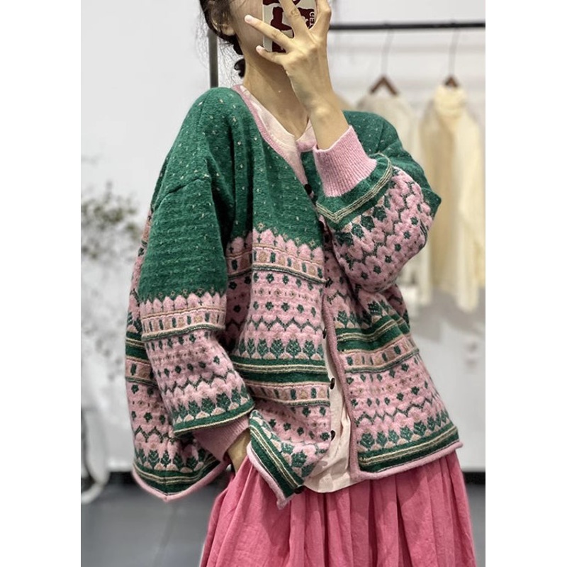 Bohemian Green O Neck Embroideried Button Knit Cardigans Fall
