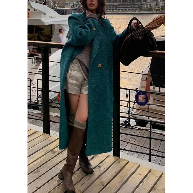 Bohemian Peacock Blue Notched Pockets Woolen Maxi Coats Long Sleeve