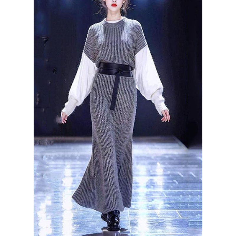 Boho Grey O-Neck Patchwork Tie Waist Cotton Knit Sweater Dress Long Sleeve