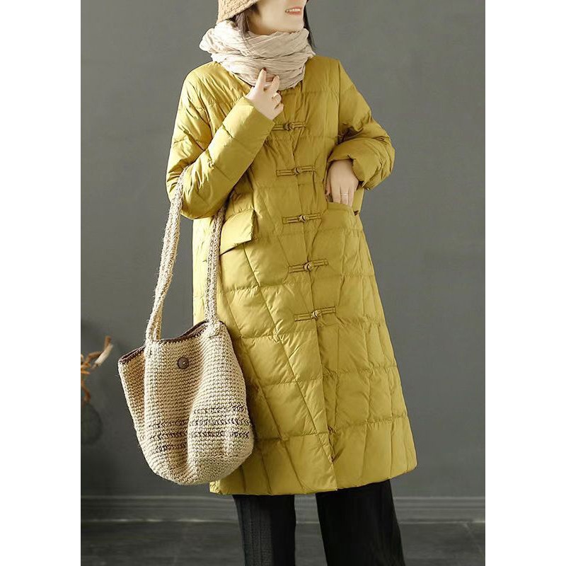 Boho Yellow Chinese Button Oriental Fine Cotton Filled Witner Coat