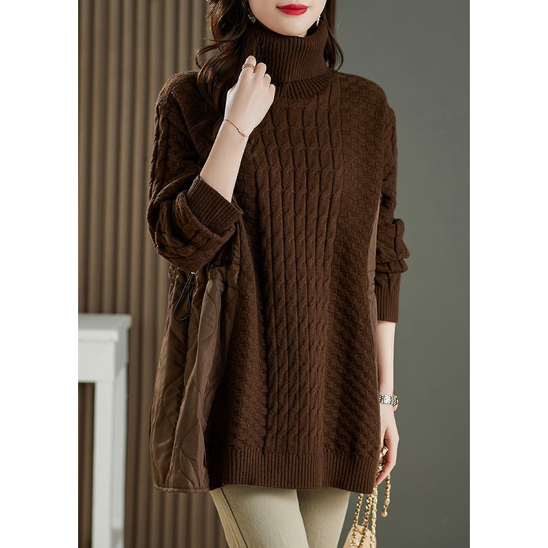 Boutique Coffee Hign Neck Thick Patchwork Knitted Sweaters Winter