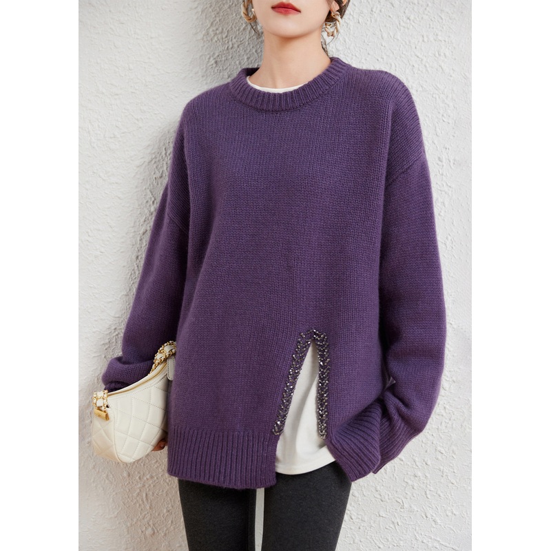 Boutique Purple O Neck Thick Asymmetrical Woolen Sweaters Winter