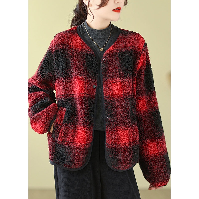 Boutique Red O-Neck Pockets Plaid Faux Fur Jackets Fall