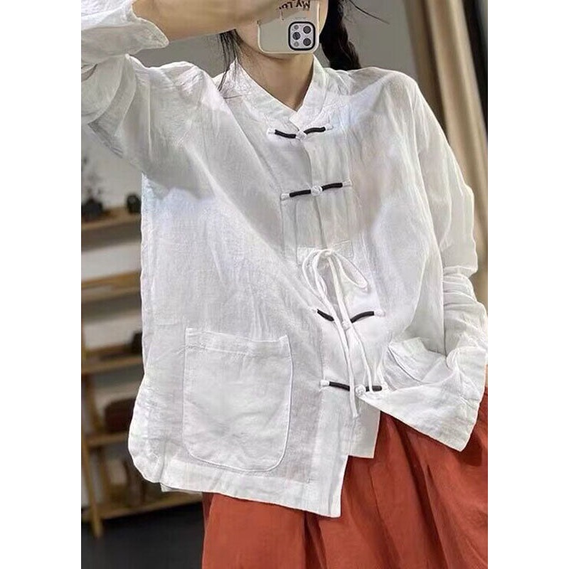 Brief White Pockets Patchwork Button Linen Top Fall