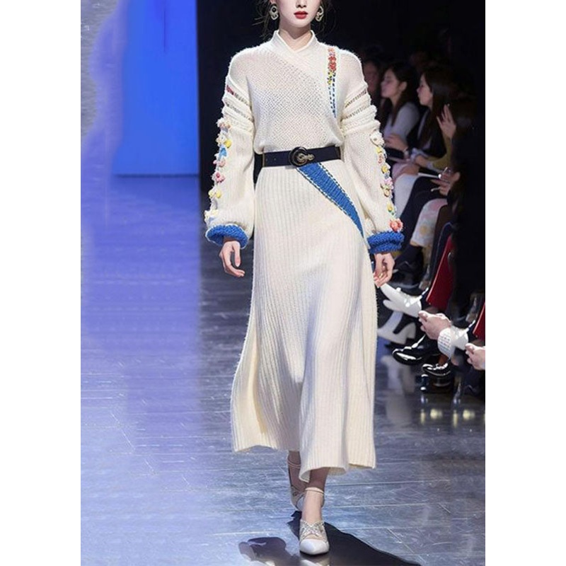 Brief White Stand Collar Floral Tie Waist Cotton Knit Sweater Dress Long Sleeve