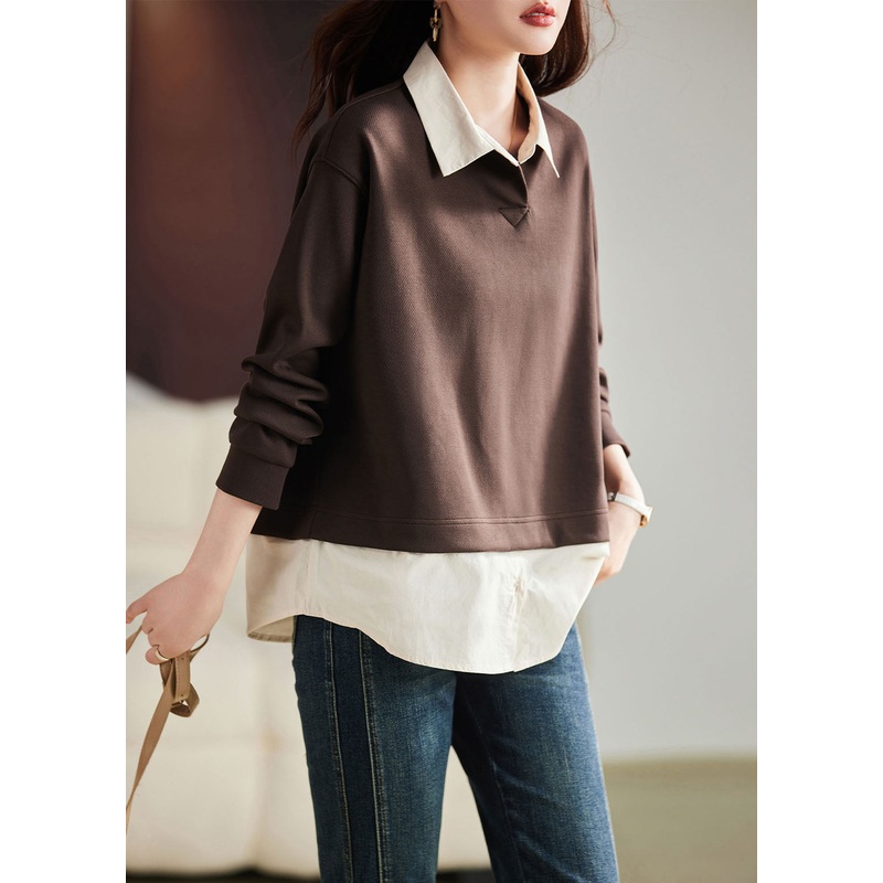 Casual Coffee Peter Pan Collar Patchwork Fake Two Pieces Pullover Long Sleeve