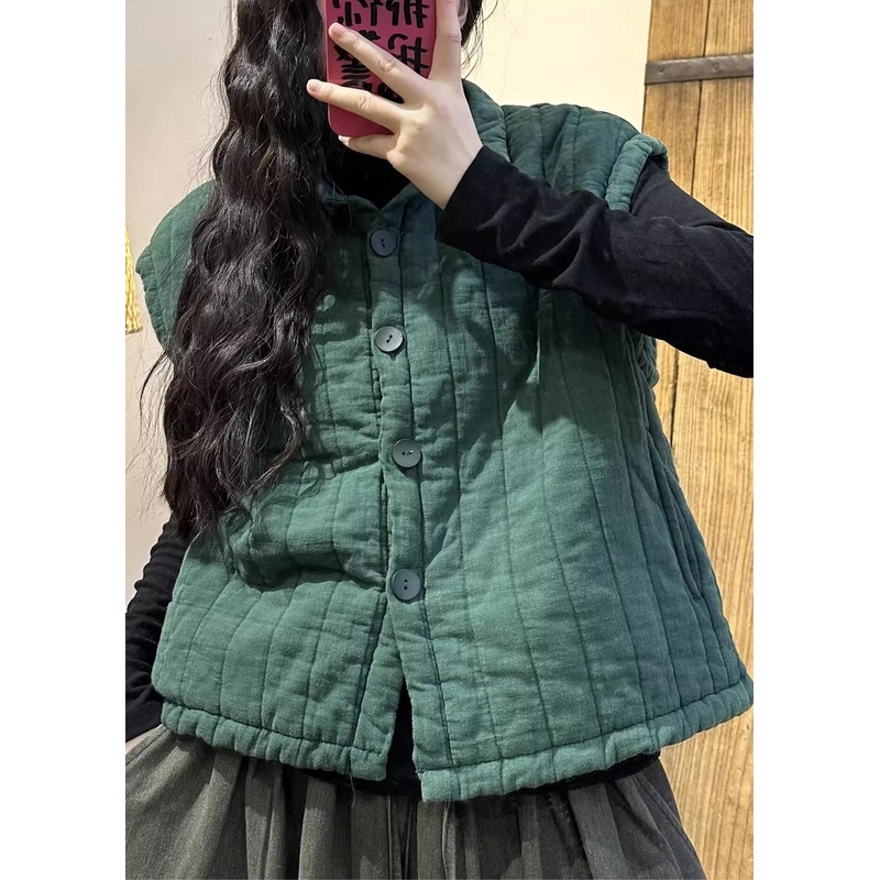 Casual Green Oversized Fine Cotton Filled Vests Winter