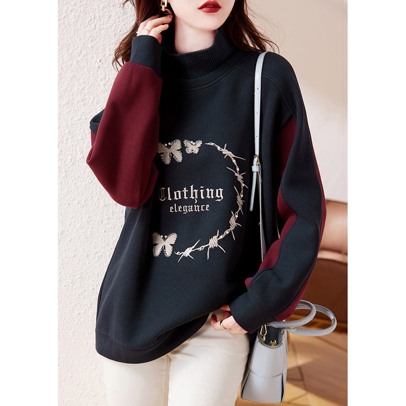 Casual Navy Embroideried Patchwork Warm Fleece Sweatshirt Streetwear Winter