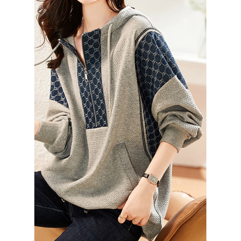 Casual Plus Size Grey Zip Up Hooded Patchwork Cotton Top Fall