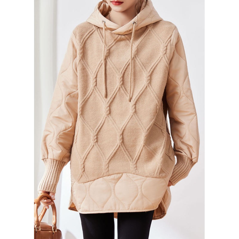 Chic Apricot Drawstring Patchwork Low High Design Fake Two Pieces Hooded Knit Sweater Winter