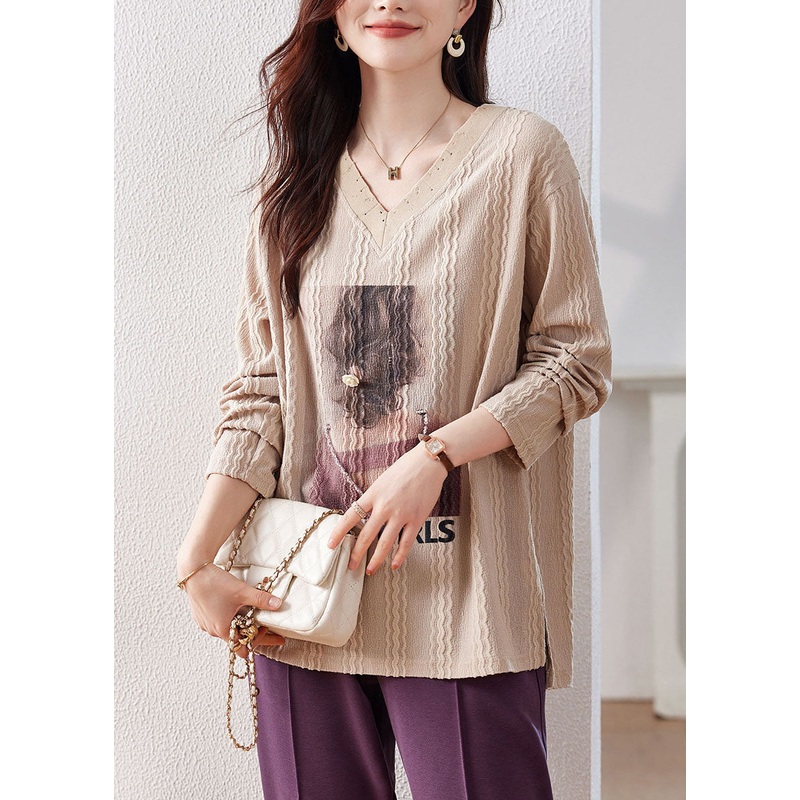 Chic Apricot Print Patchwork Low High Design Tops Long Sleeve