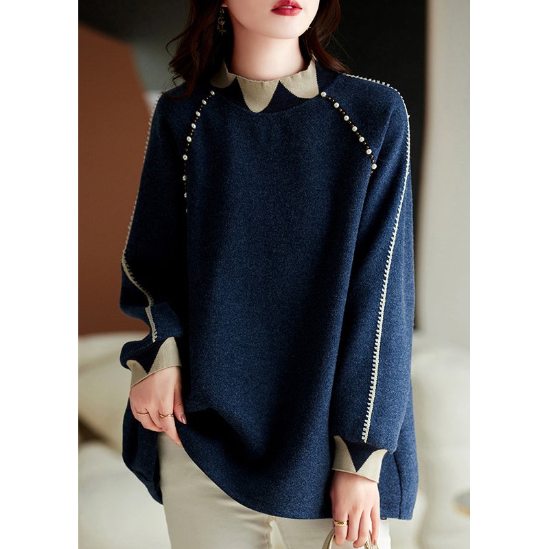 Chic Navy Nail Bead Thick Patchwork Woolen Knitted Tops Winter