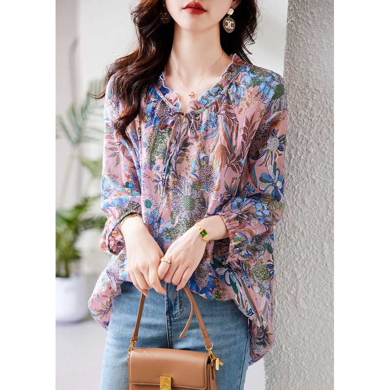 Chic Purple Ruffled Print Lace Up Cotton Shirt Tops Fall