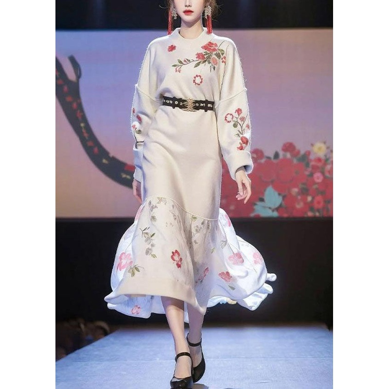 Chinese Style Apricot Print Sashes Cotton Knit Long Sweater Dress Winter