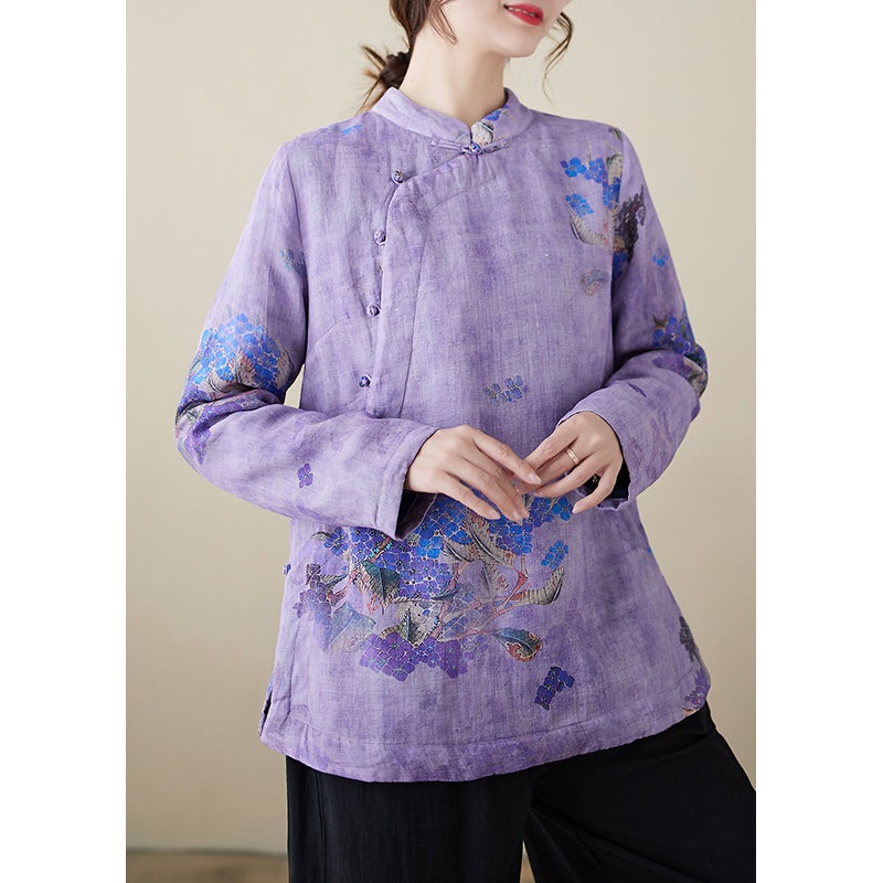 Chinese Style Purple Stand Collar Print Warm Fleece Top Winter