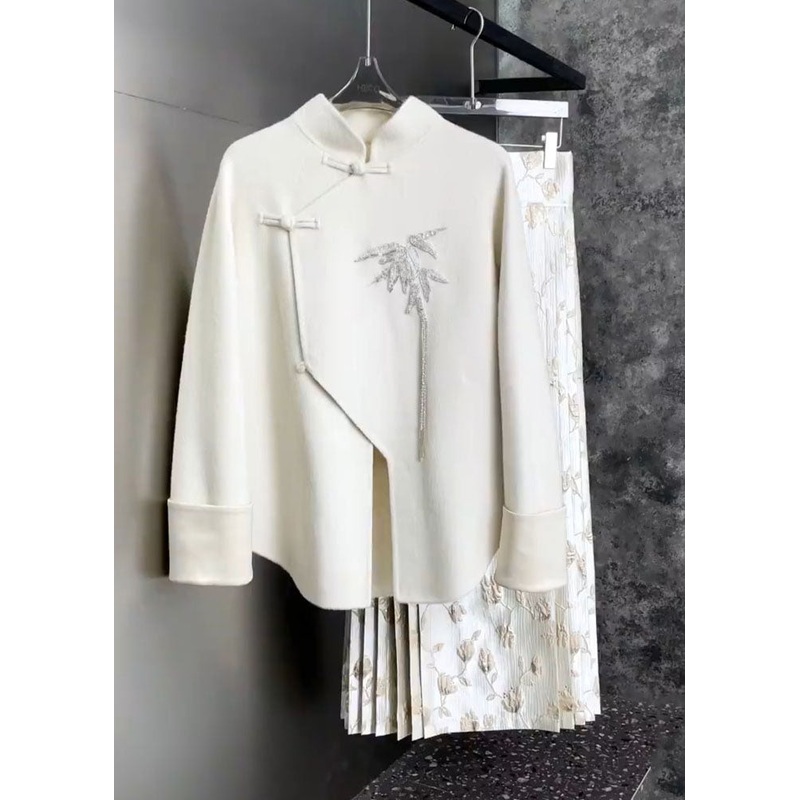 Chinese Style White Stand Collar Embroidered Floral Shirts And Maxi Skirts Two Pieces Set Fall