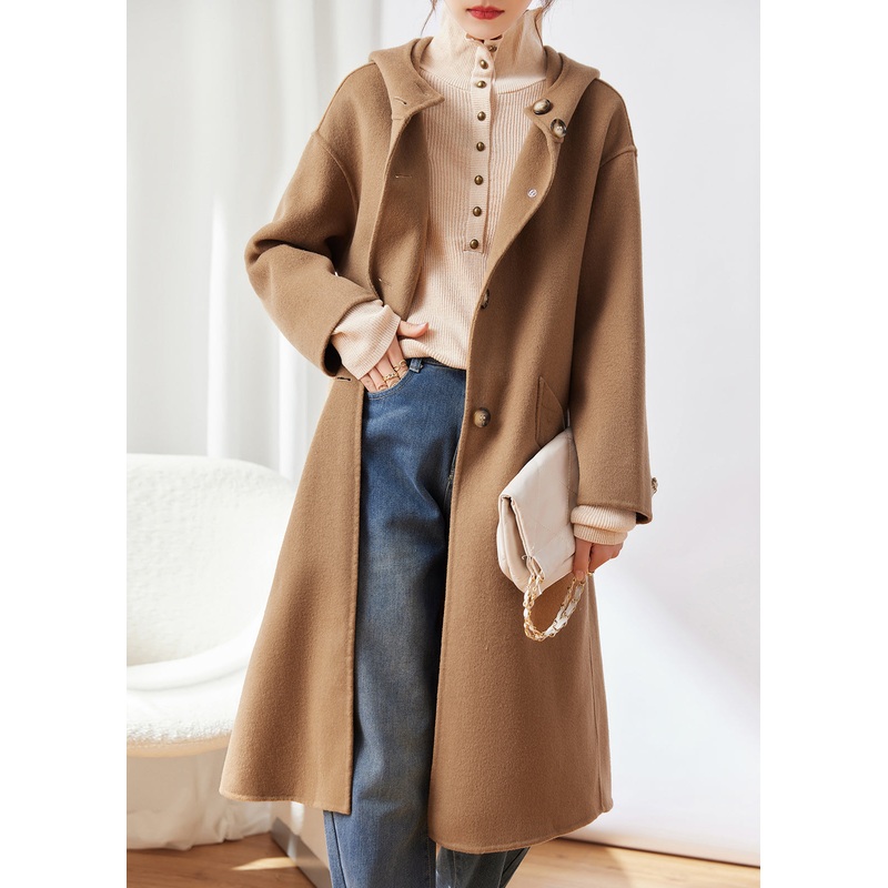 Classy Khaki Pockets Button Patchwork Woolen Hoodies Coat Winter