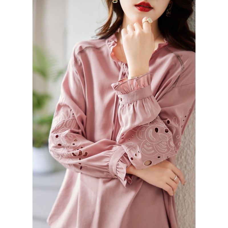 Classy Pink Ruffled Patchwork Hollow Out Silk Shirt Fall