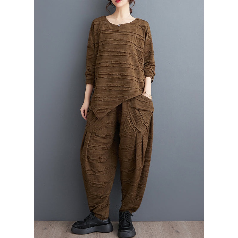 Coffee Asymmetrical Pockets Cotton Two Pieces Set O-Neck Long Sleeve
