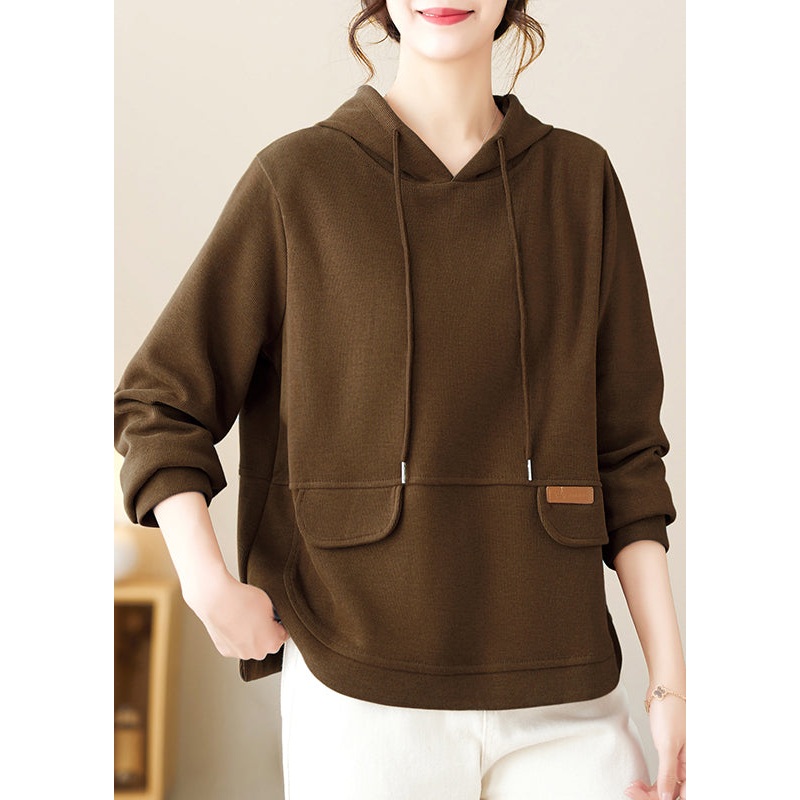 Coffee Hooded Patchwork Simple Cotton Pullover Streetwear Fall